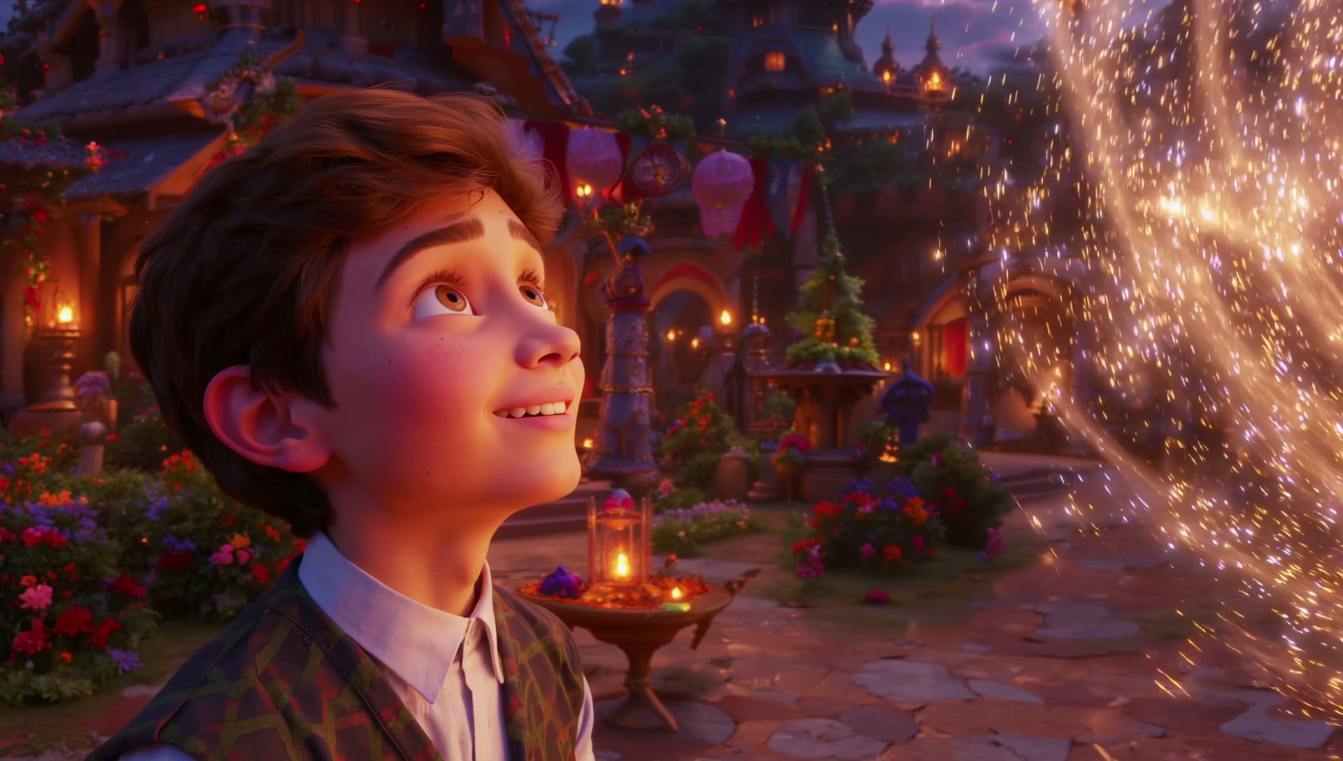 A Highly Captivating, Visually Stunning 10 Second Cinematic Scene In An Enchanting Mystical Village Square At Twilight.