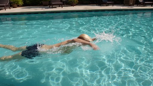 Cinematic, High Quality Video Of Donald Trump Swimming Freestyle In A Luxurious Sunlit Outdoor Swimming Pool With Crysta